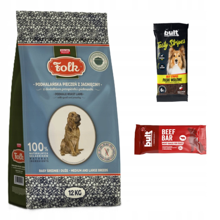 Karma sucha FOLK dla dużych psów jagnięcina 12 kg + 2 treserki dla psa
