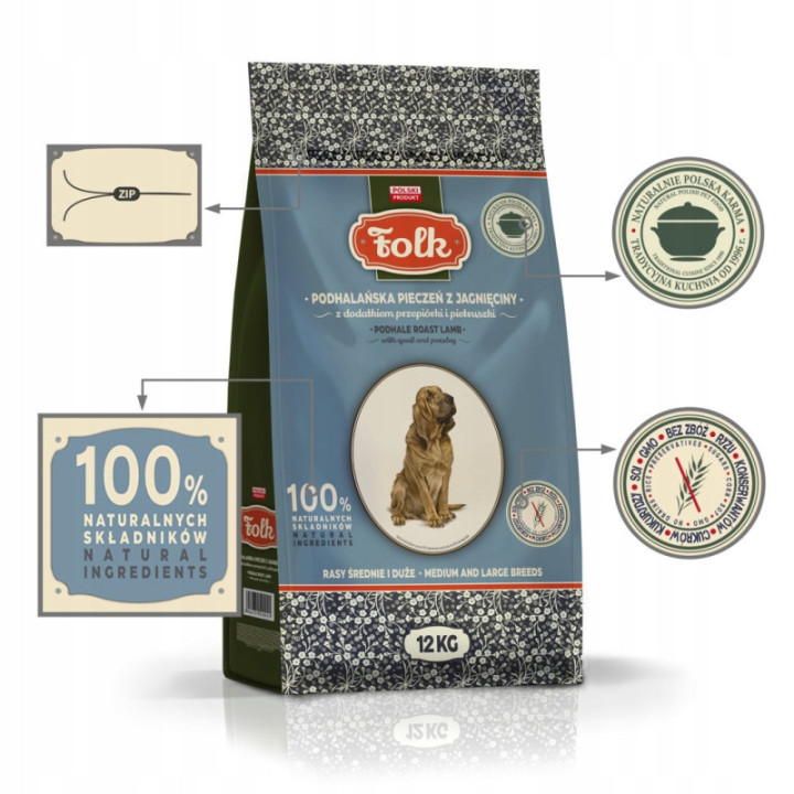 Karma sucha FOLK dla dużych psów jagnięcina 12 kg + 2 treserki dla psa