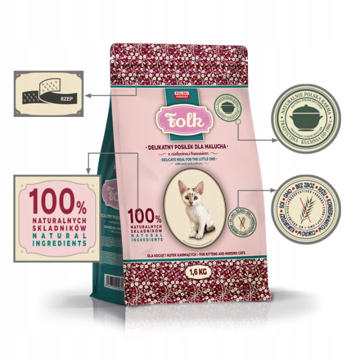 Karma sucha dla kociąt FOLK Kitten cielęcina łosoś 1,6 kg zdrowy rozwój