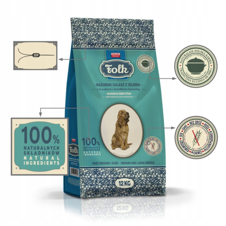 Karma sucha dla dużych psów FOLK jeleń dla dużych ras 12 kg