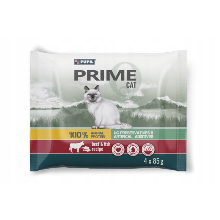 Mokra karma dla kota PUPIL PRIME 4x85g Wołowina z wątróbką Pstrąg i łosoś