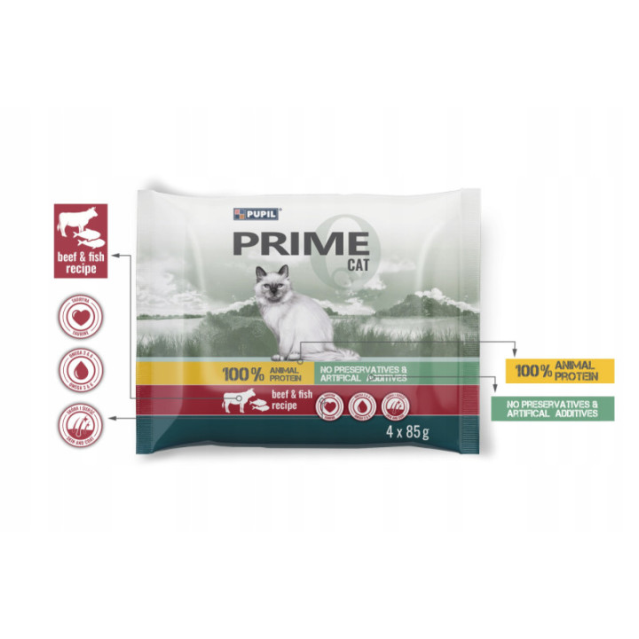 Mokra karma dla kota PUPIL PRIME 4x85g Wołowina z wątróbką Pstrąg i łosoś