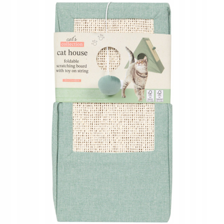 Domek dla kota z drapakiem i piłką miętowy szary Zabawka i legowisko