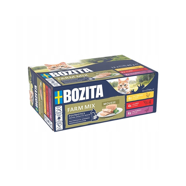 Bozita Mus dla kota MIX Kurczak Wołowina Indyk Bez zbóż Postbiotyki 12x85g
