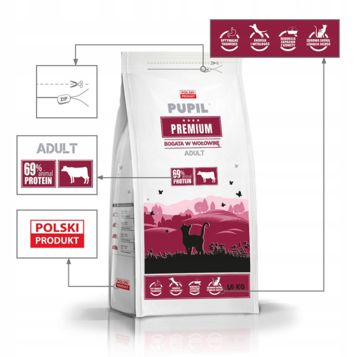 PUPIL Kot Premium bogata w wołowinę 1,6 kg