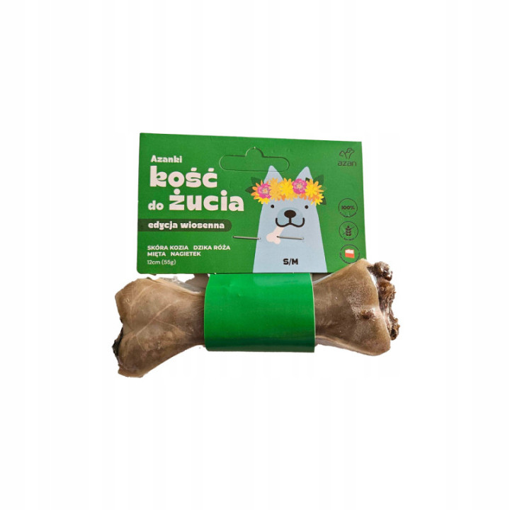 Azanki Kość do żucia 12cm skóra wołowa, kozia mięta dzika róża nagietek S/M