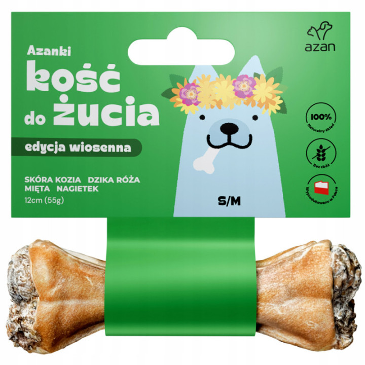 Azanki Kość do żucia 12cm skóra wołowa, kozia mięta dzika róża nagietek S/M