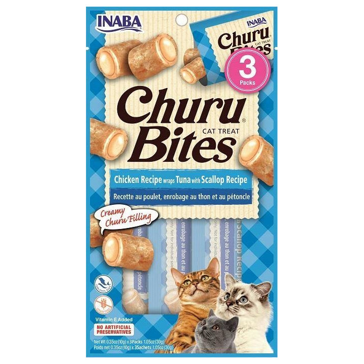 INABA CAT CHURU BITES Przysmak z kurczaka tuńczyka i przegrzebków kot 3x10g