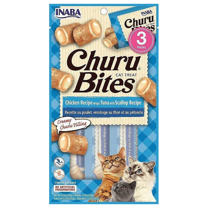 INABA CAT CHURU BITES Przysmak z kurczaka tuńczyka i przegrzebków kot 3x10g