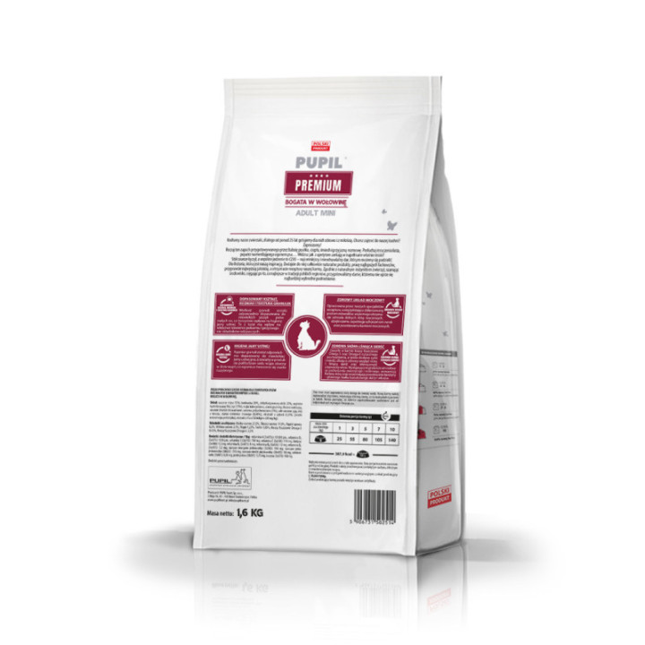 Pupil sucha karma MINI dla psa 1,6 kg bogata w wołowinę dla małych ras